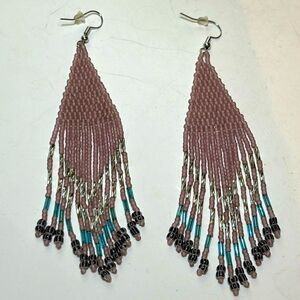 Triangular shaped dusty rose and teal beaded fringe drop statement earrings